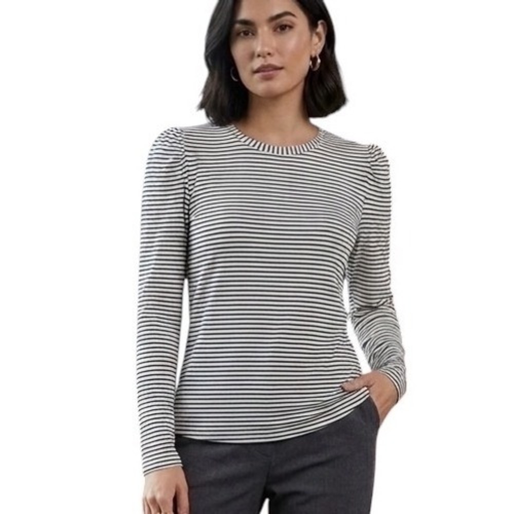 Modern Works Womens Black White Striped Puff Shoulder Ribbed Knit Top Large